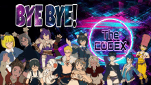 a group of anime characters are standing in front of a bye bye logo