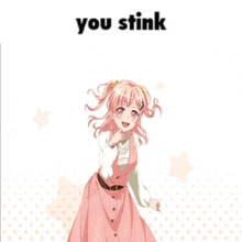 a girl in a pink dress is standing next to a sign that says you stink .