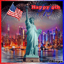 a happy 4th of july greeting card with a statue of liberty