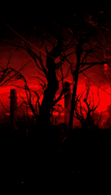 a dark landscape with a red light behind some trees