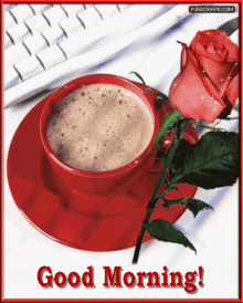 a picture of a cup of coffee and a rose with the words " good morning "