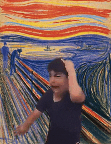 a child is crying in front of a painting