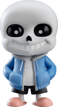 a skeleton figurine wearing a blue jacket and black shorts