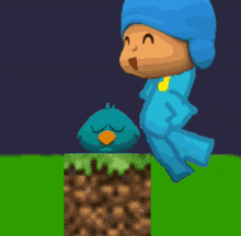 a cartoon character named pocoyo stands next to a blue bird