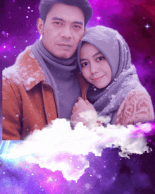 a man and a woman are posing for a picture in front of a purple background