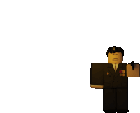 a roblox character in a suit and tie is holding a gun in his hand .