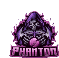 a purple logo with a skeleton holding a purple ball and the words phantom .