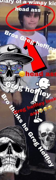 a diary of a wimpy kid poster with skulls and a boy