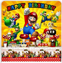 a happy birthday greeting card with mario and yoshi on it