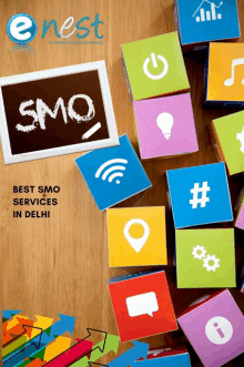 an advertisement for smo services in delhi with colorful blocks on a wooden table