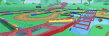 a cartoon drawing of a track with a red bridge