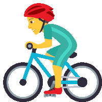 a person wearing a red helmet is riding a blue bicycle