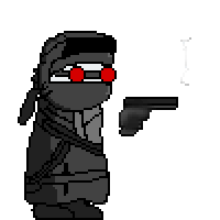 a pixel art of a man with red glasses holding a gun