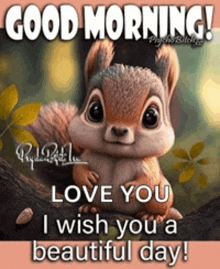 a squirrel is sitting on a tree branch and says good morning love you i wish you a beautiful day .