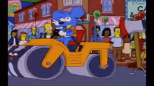 a cartoon character is riding a roller with a sign that says fight