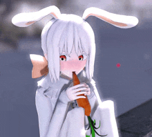 a girl with white hair and bunny ears holds a carrot in her mouth