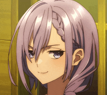 a girl with purple hair and blue eyes is smiling