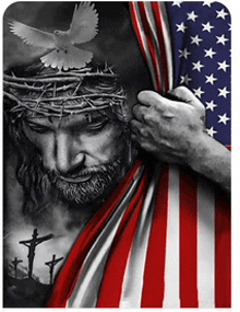 a black and white photo of jesus with a crown of thorns and an american flag behind him