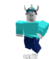 a roblox character wearing a blue shirt and a horned helmet says eggfly