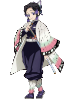 a girl with purple hair is holding a sword and wearing a butterfly kimono