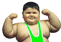 a very fat boy in a green tank top flexes his muscles