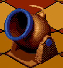 a pixel art image of a cannon with a blue ring around it