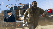 a man holding a gun in front of a poster that says warren