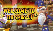 a cartoon wizard is standing in a room with the words `` welcome to the spiral '' .