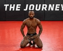 a man without a shirt is kneeling down on a red mat in a wrestling ring .