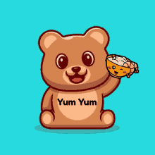 a brown teddy bear holding a bowl of food with yum yum written on its chest