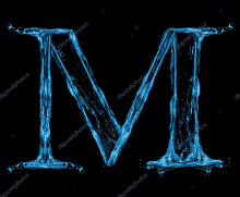 the letter m is made of water on a black background .