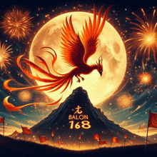 a painting of a phoenix flying over a mountain with the words balon 168 below it