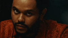 a close up of a man with a beard wearing a red shirt and earrings .