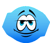 a blue cartoon face with big eyes and a smiling face