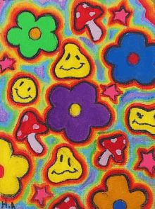 a colorful painting with flowers , mushrooms , stars and smiley faces .