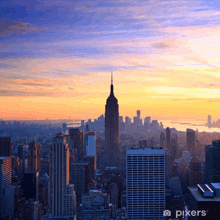 a city skyline with the empire state building in the foreground at sunset