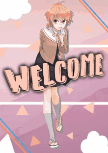 a girl stands in front of a welcome sign