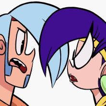 a couple of cartoon characters looking at each other with their mouths open