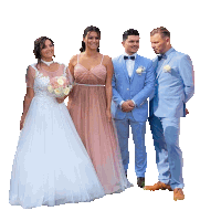 a bride and groom pose for a photo with their wedding party