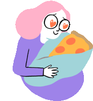 a cartoon drawing of a woman holding a large slice of pizza