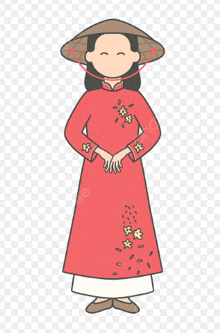 a cartoon drawing of a woman wearing a conical hat and a red dress