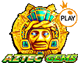 a logo for a slot game called aztec gems with a king 's head on it .