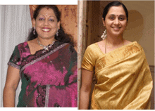 a woman in a pink blouse and a woman in a yellow blouse smile for the camera