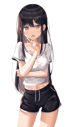 a girl with long black hair is wearing shorts and a white top