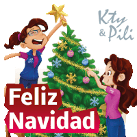 two girls decorating a christmas tree with the words feliz navidad below