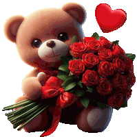 a teddy bear holding a bouquet of red roses with a red heart in the background