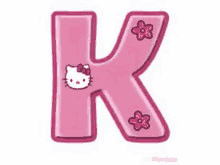 a pink letter k with a hello kitty face and flowers .