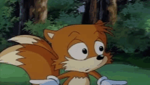 tails from sonic the hedgehog is standing in a forest .