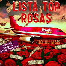 a poster for lista top rosas shows a plane surrounded by red roses