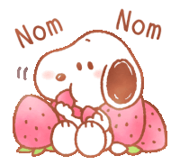 a cartoon of snoopy eating strawberries with the words nom nom